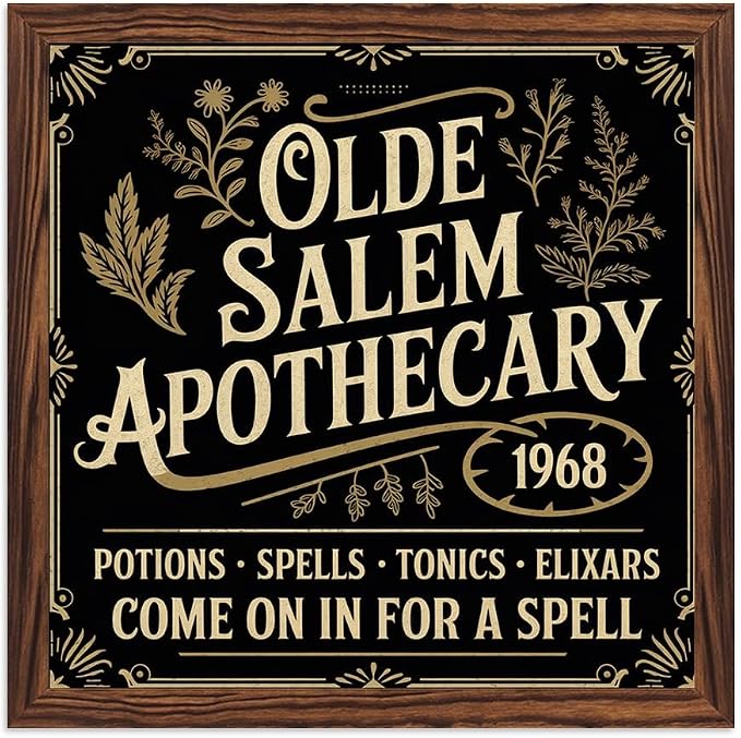 Halloween Decorative Sign, Olde Salem Apothecary Wooden Sign, With Frame Witchcraft Sign for Home Kitchen, Cafe, Bar, Garage Halloween Decor 7.87x7.87 Inch by Nwijvsn