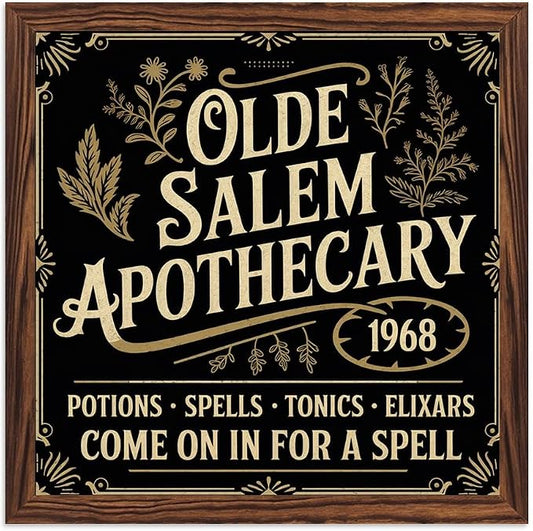 Halloween Decorative Sign, Olde Salem Apothecary Wooden Sign, With Frame Witchcraft Sign for Home Kitchen, Cafe, Bar, Garage Halloween Decor 7.87x7.87 Inch by Nwijvsn