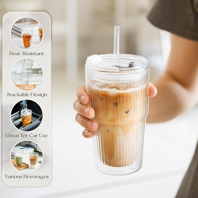 KEMORELA 16oz Ribbed Double Wall Glass Cups with Lid and Straw 2PCS, Coffee Bar Accessories，Insulated Borosilicate Glass Tumblers, To Go Iced Coffee Cups, Spill proof tumbler,tumblers & water glasses