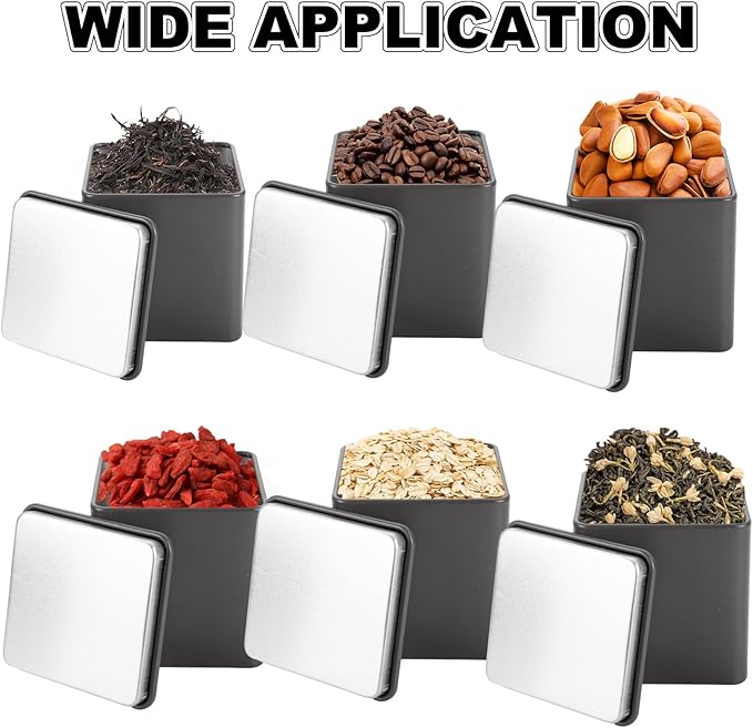 12 Pack Minimalist Black Square Metal Tea Tins, 3 Oz Loose Leaf Tea Storage Containers with Airtight Lids