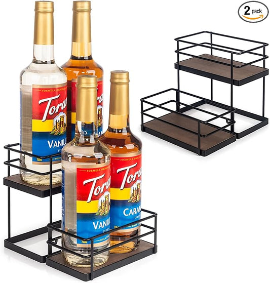 kimilus 4 Bottle Capacity Coffee Syrup Organizer 2 Tier Coffee Syrup Stand Shelf for Coffee Bar Kitchen Small Wine Rack for Bar Family Storage for Syrup Wine Dressing