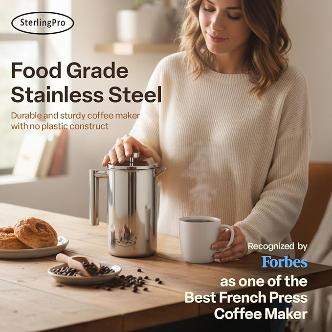 Stainless Steel French Press Coffee Maker 1.5 L (51 oz) Mirror – Double Walled Insulated Large Coffee Press, Durable Design Keeps Drinks Hot, Easy to Use and Clean for Rich Flavor Brewing