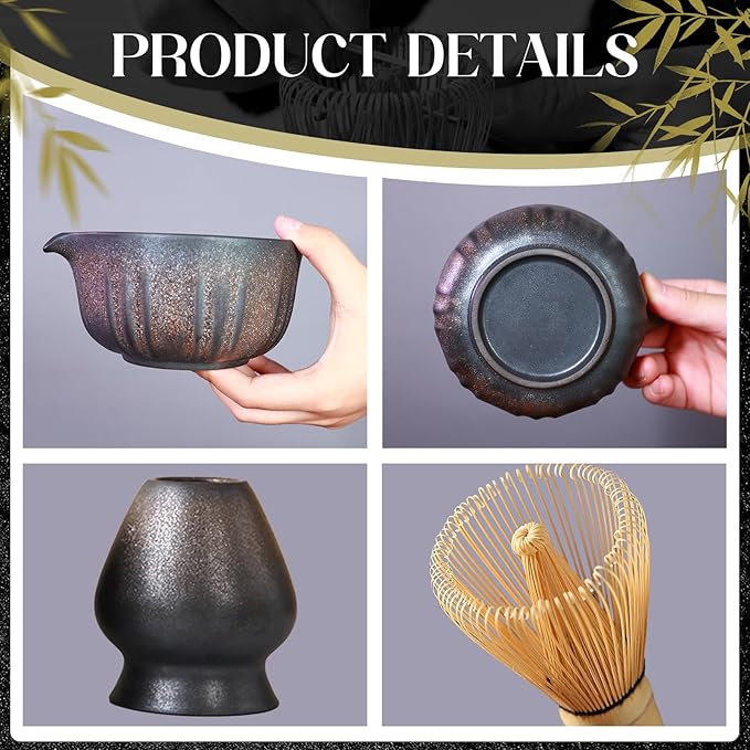 Matcha Set Whisk and Bowl, 8 Pcs Matcha Making Kit includes Bowl with Spout, Bamboo Whisk, Bamboo Scoop, Ceramic Holder and Stainless Sifter for Tea Matcha Lover, Gilded