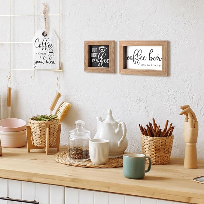 3 Pieces Coffee Bar Decor Sign But First Coffee Wood Sign Mini Farmhouse Wall Rustic Wooden Art Plaque Bar Tabletop Shelf Accessories for Tier Tray Decor Home Office Kitchen