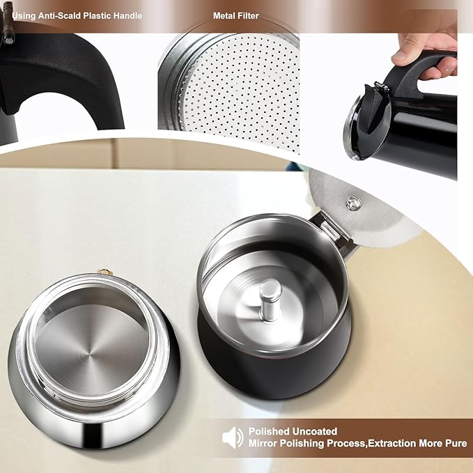 2 Cup Stovetop Espresso Maker Stainless Steel Moka Pot Stove Top Percolator Italian Coffee Makers Capable Mocha Greca Machine Cafe Classic Induction Cookers for Home and Camping 100ml 3.3oz