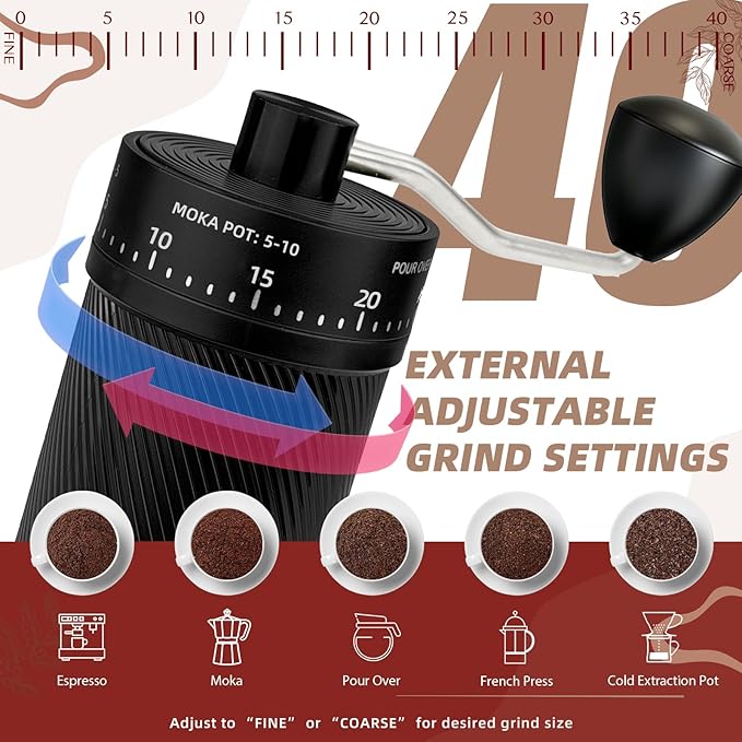 Manual Coffee Grinder with 40 External Adjustable Settings, Ceramic Conical Burr, Non-Slip Hand Coffee Grinder, Portable Coffee Mill for Espresso, Pour Over, French Press, Camping