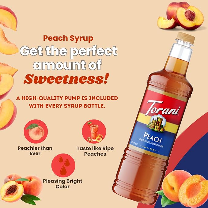 Torani Peach Syrup 1 Liter Bottle with Pump – Premium Drink Flavoring Made with Pure Cane Sugar & Natural Flavors for Lemonades, Teas, Cocktails, Mocktails & Desserts – Sweet Juicy Peach Sweetener - Image 5