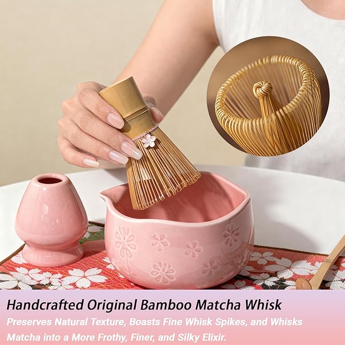8 Pcs Matcha Set - Flower-shaped Matcha Bowl | Handcrafted Whisk and Holder | Bamboo Scoop and Spoon | Scoop Rest | Sifter and Tea Towel - Pink Matcha Set with Cherry Blossom Carved Patterns