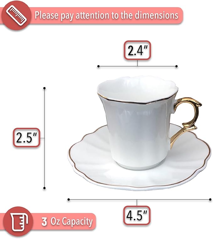 BTaT- Turkish Coffee Cup Set, 3 oz, 6 Set (12 pcs), Elegant White Cups & Saucers with Gold Trim, Small Porcelain Espresso Set for Serving Greek, Arabic & Turkish Coffee, Gift Giving