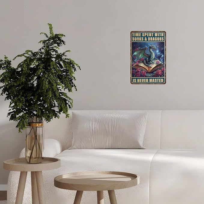 Dragons Vintage Tin Sign Time Spent With Books And Dragons Is Never Wasted Tin Sign for Garage Home Bedroom Bar Wall Decor 12 * 8inch - Image 6