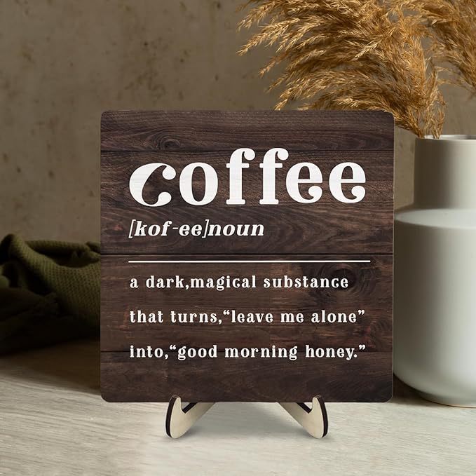 Coffee Bar Sign Plaque,Coffee Bar Accessories,Vintage Cafe Bar Plaque Desk Decor for Kitchen Home or Office,Farmhouse Decoration 5.9x5.9inch