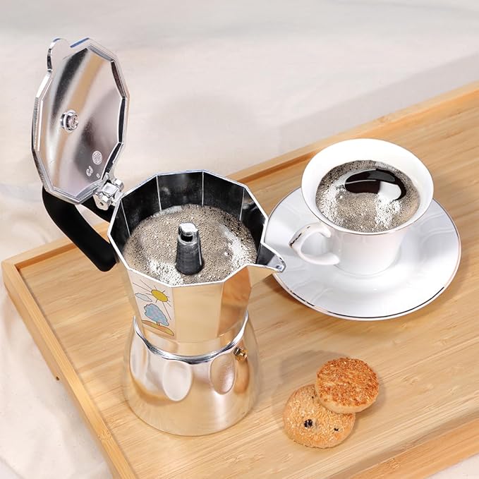 Any Morning Espresso Stovetop Moka Pot, 6 Cup Italian Coffee Maker, Aluminum, PBA Free, 8 Oz, 6 Expresso Cups Silver