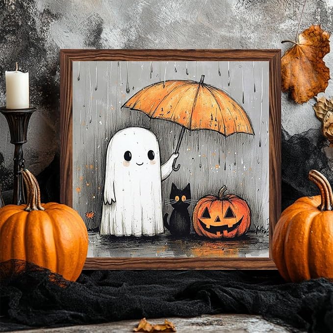 Whimsical Halloween Decorative Sign Black Cat, Ghosts & Pumpkin Wooden Sign, With Frame Sign for Home Office, Cafe, Bedroom Halloween Decor 7.87x7.87 Inch - Image 2