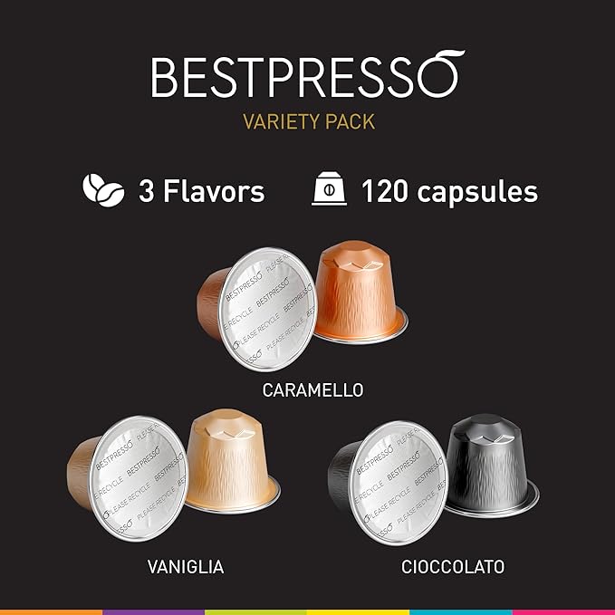 Bestpresso Coffee for Nespresso Original Machine 120 Aluminum pods Certified Genuine Espresso Variety Pack Caramel,Vanilla and Chocolate