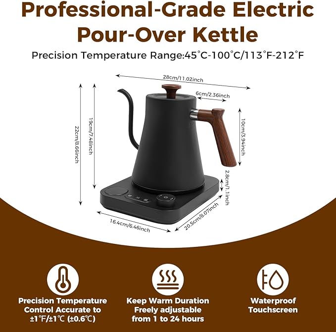 Gooseneck Electric Tea Kettle with Pour Over Pot with LED & Precise 1°F Temp Control,Keep Warm, Hot Water Kettle for Home/Office 304 Stainless Steel (Black)