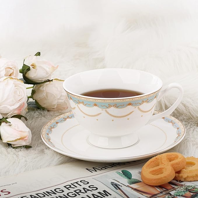 fanquare Blue Lace Teacup and Saucers Set with Gold Trim, Bone China British Coffee Cups and Saucers for Afternoon Tea Coffee Party Gifts
