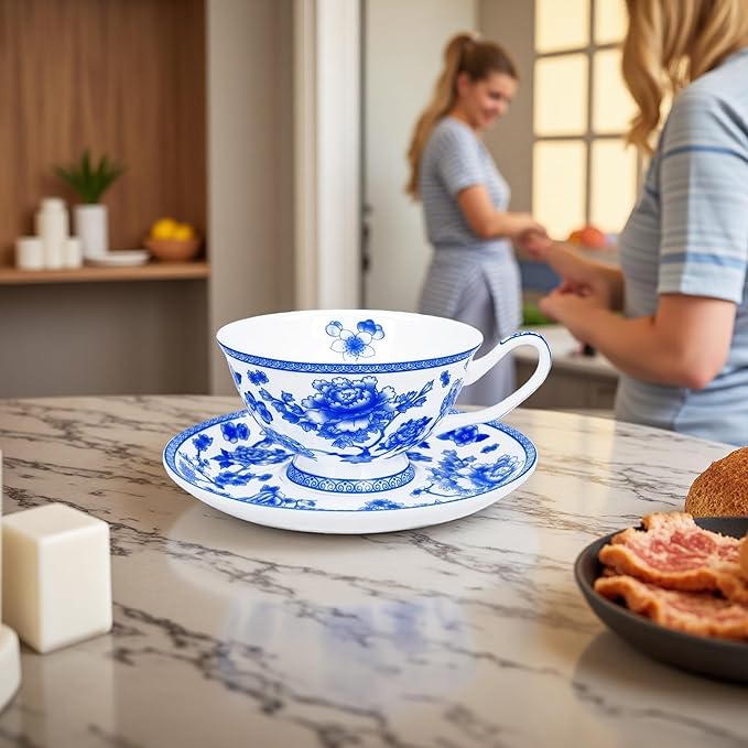 Tea cup and Saucer Set Royal Garden Style Tea Coffee Cup with Saucer 7 Ounces Bone China Teacup and saucer Set (Blue and White)