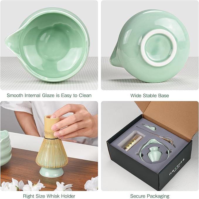 Matcha Whisk Set: 7 Pcs Ceramic Matcha Set with Bowl, Whisk, Holder, Scoop, Sifter, Rest & Towel – Japanese Matcha Kit Gift (Green)