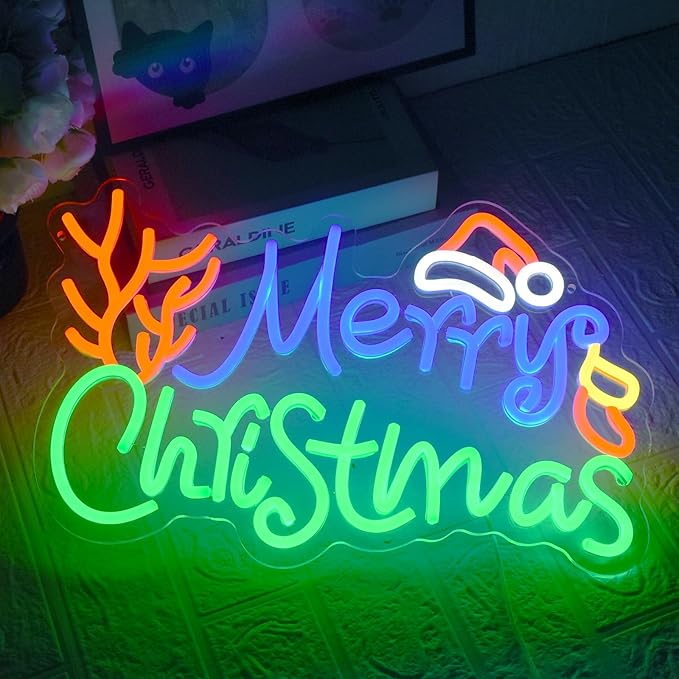 Merry Christmas Neon Sign Dimmable LED Merry Christmas Light Sign for Wall Decor, USB Powered LED Colorful Sign with Hat for Bedroom Living Room Kids Room Decoration
