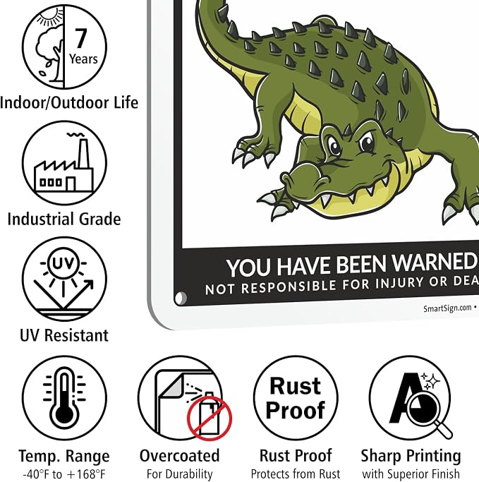 SmartSign Beware Of Crocodiles Warning Sign - 10"x7", 40 mil Laminated Rust-free Aluminum - Metal Signs for Wall Decor, Outdoors, Patio, Gifts, Cafe - Crocodile Theme, Made in USA - Image 7
