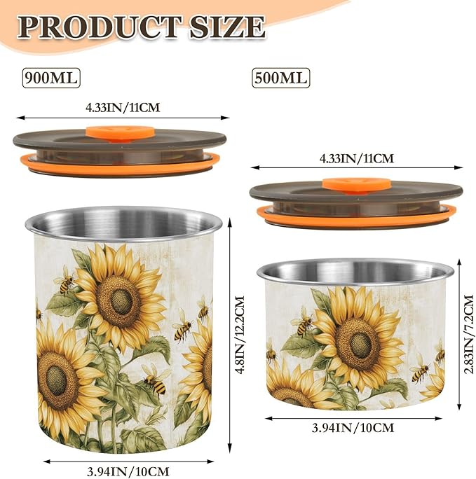 susiyo 30OZ Coffee Canister with Clear Airtight Lid Vintage Sunflowers Bees Stainless Steel Home Kitchen Food Storage Container Storage Jar for Beans Ground Sugar Tea Cereal
