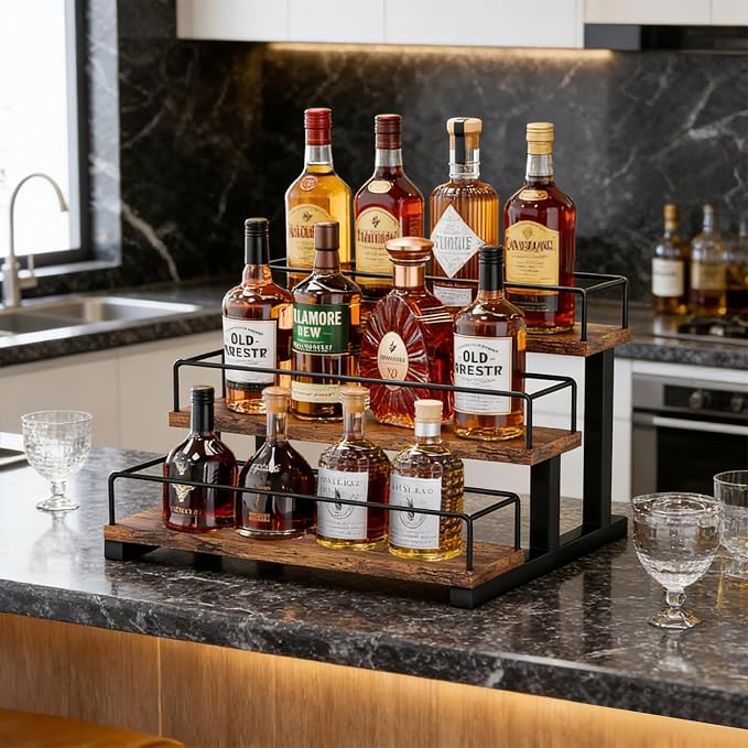 Aduanbang Liquor Bottle Display Shelf, 3 Step Countertop Organizer, Retro Bar Stand for Whiskey, Wine, Spirits (Brown) - Image 2