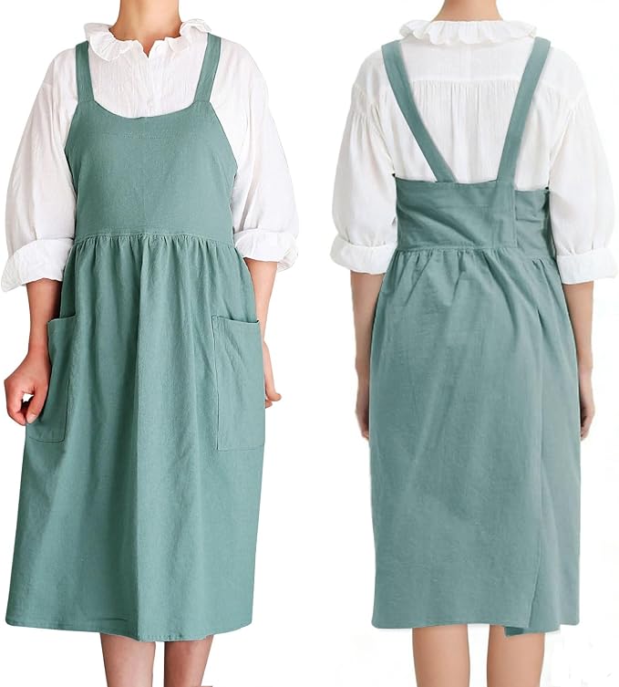 Cotton Linen Cross Back pinafore Apron Dress for Women with Pockets for Cooking Cleaning - Crossback Apron - Turquoise - without Waist Ties - Image 2