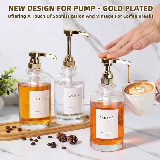Coffee Syrup Dispenser, Glass Syrup Pump Dispenser for Coffee Bar Accessories, Maple Syrup Bottles with Tray, 16.9 fl oz Simple Syrup Bottles with 1/4oz Large Capacity Gold Pump - Image 6