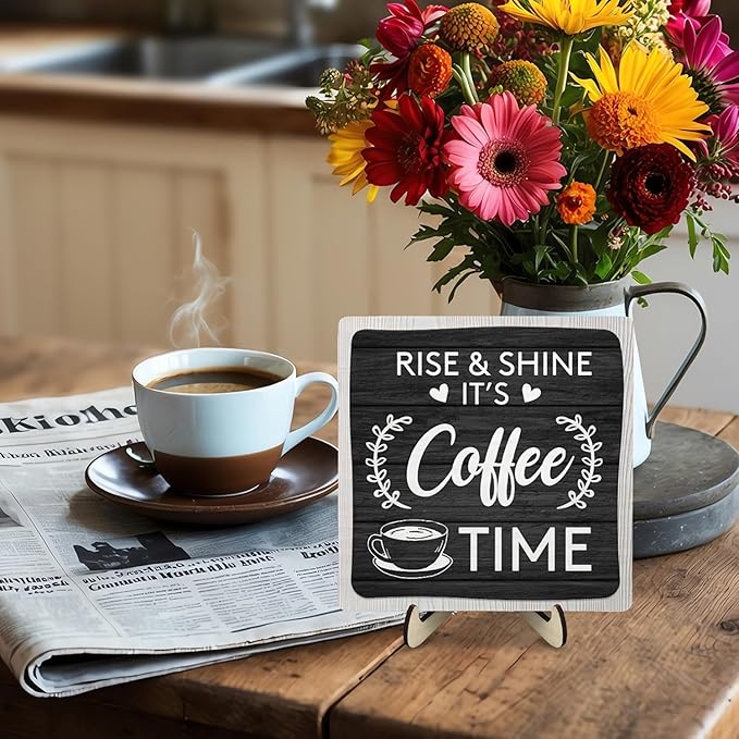 Coffee Bar Sign Plaque Decor,Coffee Bar Accessories,Rustic Wooden Tabletop Plaque with Stand, Minimalist Farmhouse Kitchen Counter Sign,Cute Mini Café Bar Decor Gift