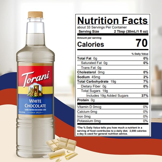 Torani White Chocolate Syrup 1 Liter Bottle with Pump – Premium Coffee Flavoring with Natural Ingredients for Lattes, Mochas, Desserts, Cocktails & Baking – Café-Style Sweetener for Home Baristas - Image 2
