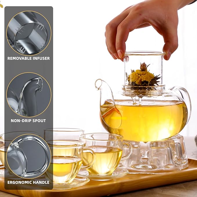 Glass Teapot Set, 34OZ/1000ML Glass Tea Kettle with Loose Tea Infuser & Warmer, 5oz/150ML Tea Cup & Saucer Set of 4, Stovetop & Microwave Safe Tea Maker, Blooming Tea Gift Set For Women
