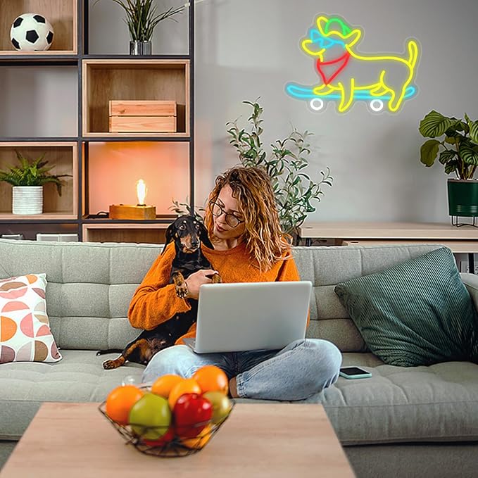 Dachshund Neon Sign Skateboard Dog Neon Sign with Cowboy Hat Animal Light Up Sign Dimmable Glasses Dog LED Neon Light for Pet Shop Bedroom Wall Home Party Decor, Dog Lover