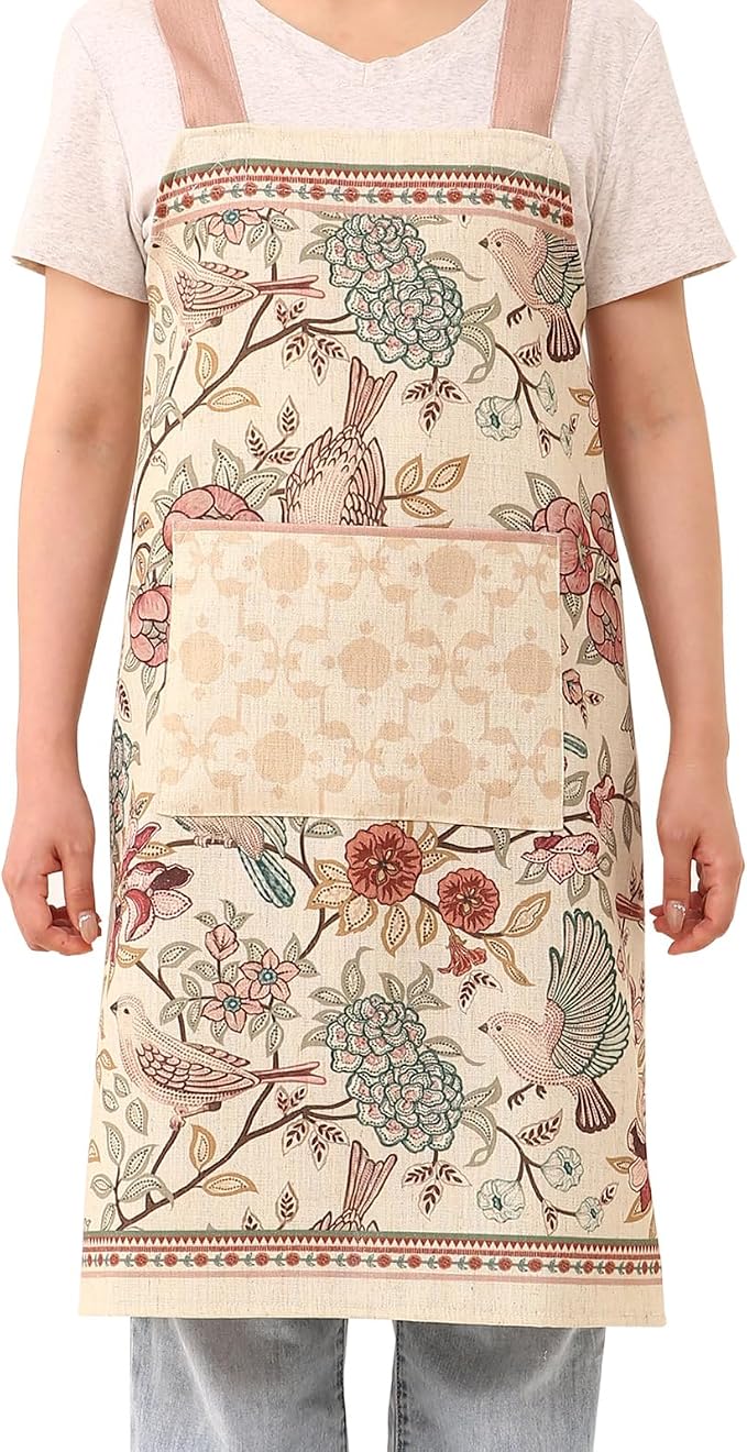 patdrea Blue Floral Linen Apron with Pocket,French Kitchen Garden Chef BBQ Aprons for Women and Men,Crisscross Back Straps - Image 2