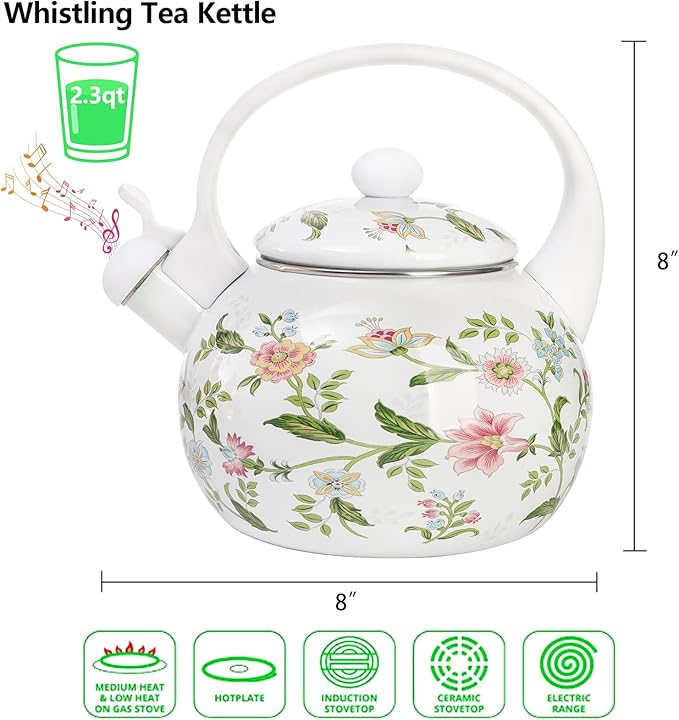 Jucoan 2.3 Quart Vintage Enamel Tea Kettle, Whistling Tea Kettle for Stove Top, Floral Enamel on Steel Teakettle Teapot for Home Kitchen Camping, Gift for Wedding Housewarming Thanksgiving Christmas