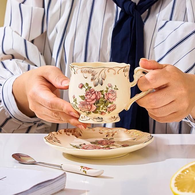 Tea Cups and Saucers Set of 2, 8 Oz Ivory Rose Floral Porcelain Teacup and Saucer Set with Spoon, Vintage Tea Cups with Gold Trim, European Style (Pink Rose)