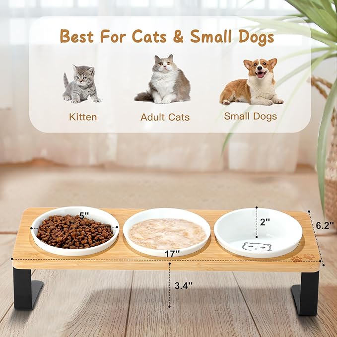 3 Elevated Cat Bowls Tilted Anti Vomiting Ceramic Raised Cat Food Bowls for Food and Water, Cat Dishes for Indoor Cats with Non-Slip Stand & Bamboo Board, Dishwasher Safe - 1 Step Assemble
