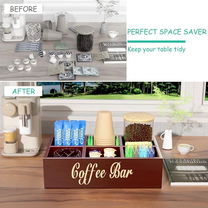 Coffee Station Organizer for Countertop, Wooden Coffee Bar Organizer with Removable Dividers, Farmhouse Coffee Pod Holder Storage Basket for Cocoa Tea Cup Dispenser, Coffee Bar Accessories Storage - Image 6