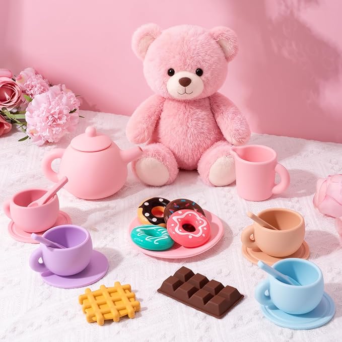 Silicone Tea Set for Toddlers, Tea Party Set for Little Girls, Kids Pretend Role Play Kitchen Toys, Toddler Girl Birthday Gifts Age 2-5 Year Old