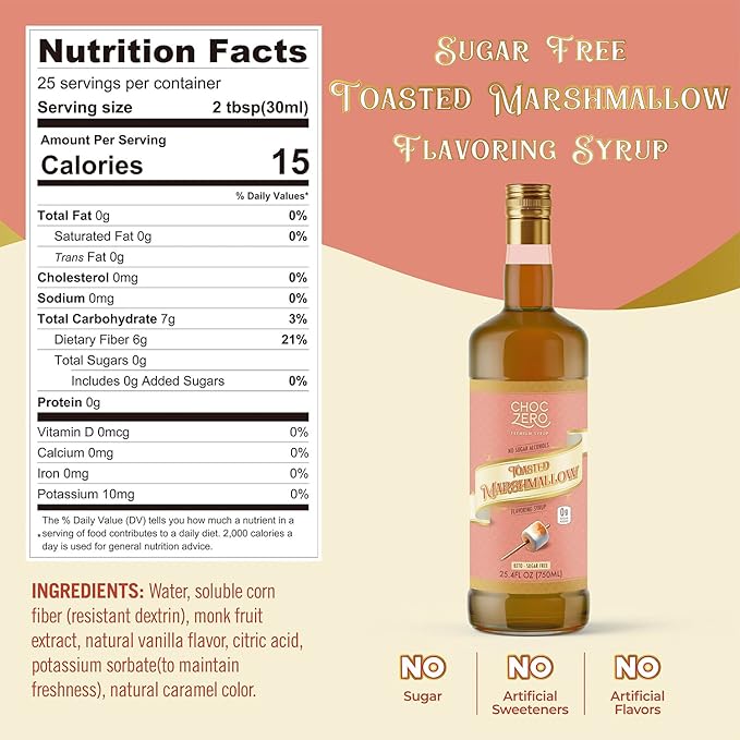 ChocZero Sugar Free Coffee Syrup, Toasted Marshmallow Flavor, No Sugar Alcohol Simple Syrup Drink Mix, Campfire Lattes, Protein Shakes & Baking, All Natural, 25.4 Ounces (Pack of 1)