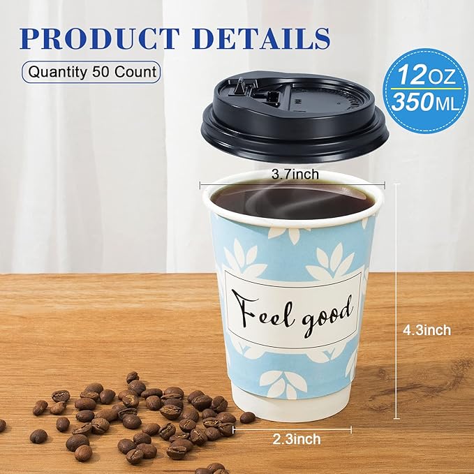 Disposable Coffee Cups with Lids 12 oz, 50 Pack Double-Walled Paper Coffee Cups with Fun Designs, Insulated Hot Beverage Paper Cups for Cold & Hot Drinks