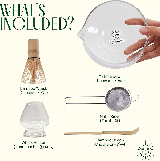 Whisk Set, 5-Piece Matcha Bowl and Whisk Kit with Bamboo Scoop, Glass Matcha Bowl, Holder, and Sieve – Handmade Borosilicate Glass (Clear)