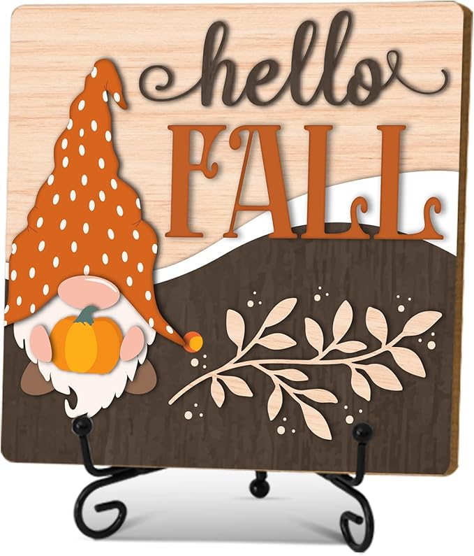 Hello Fall Home Decor Indoor, Autumn Gnome Thanksgiving Table Decor, 5"x5" Wood Plaque Gifts with Stand for Farmhouse Living Room Bathroom Kitchen Decoration -A03