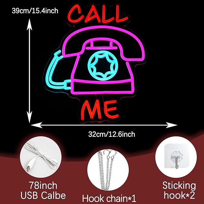 Call Me Neon Sign for Wall Decor Dimmable Retro Led Light Sign Bright Landline Light Up Sign Usb Powered Phone Neon Light for Home Bedroom Business Hotel Office Man Cave (15.35 * 12.6 in)