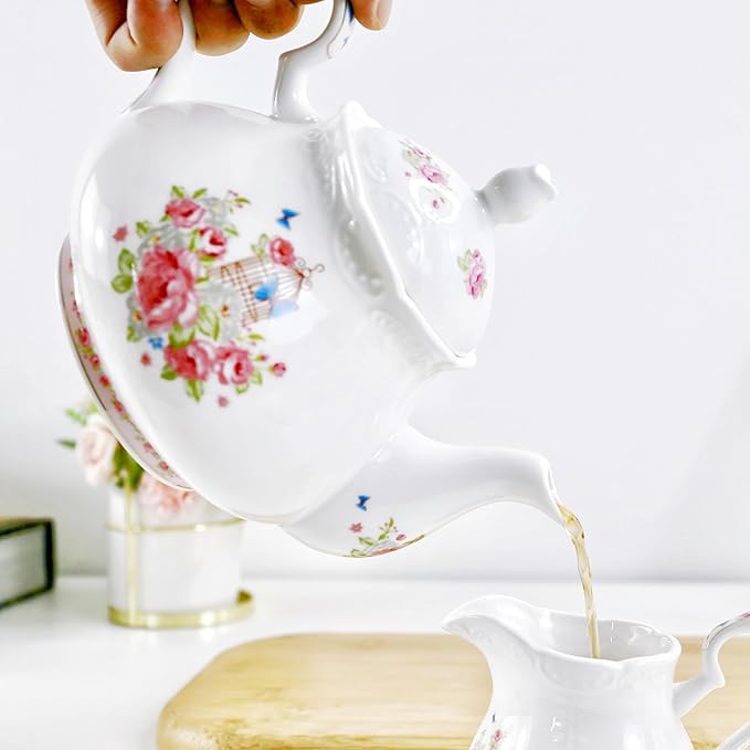 YBK Tech Strengthen Porcelain Coffee Pot Ceramic Teapot- Pink Rose (Teapot)