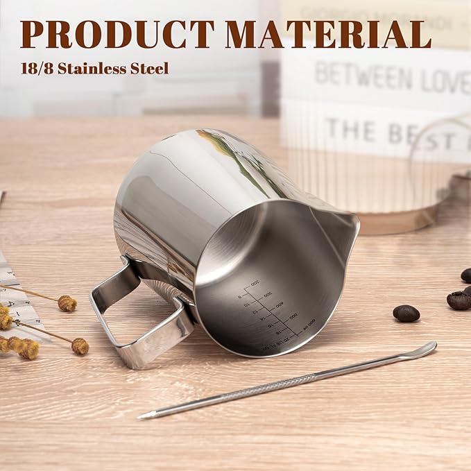 Milk Frothing Pitcher, 20oz Milk Frother Cup with Clear Scale, 304 Stainless Steel Cappuccino Espresso Machine Accessories for Barista Coffee Bar with Latte Art Pen, Silver