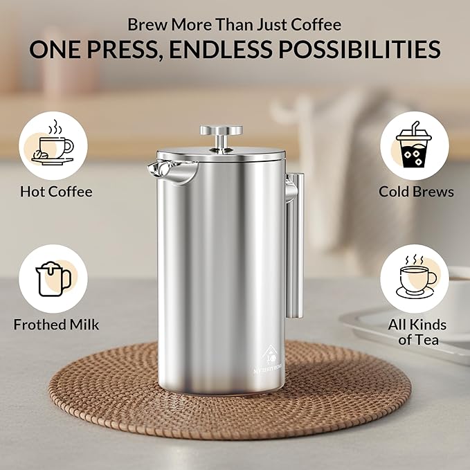 French Press Coffee Maker 304 Stainless Steel 34 Oz Large Double-Walled Insulated French Press 3 Level Filtration System For Kitchen, Camping & Gifting in Premium Box - Dishwasher Safe