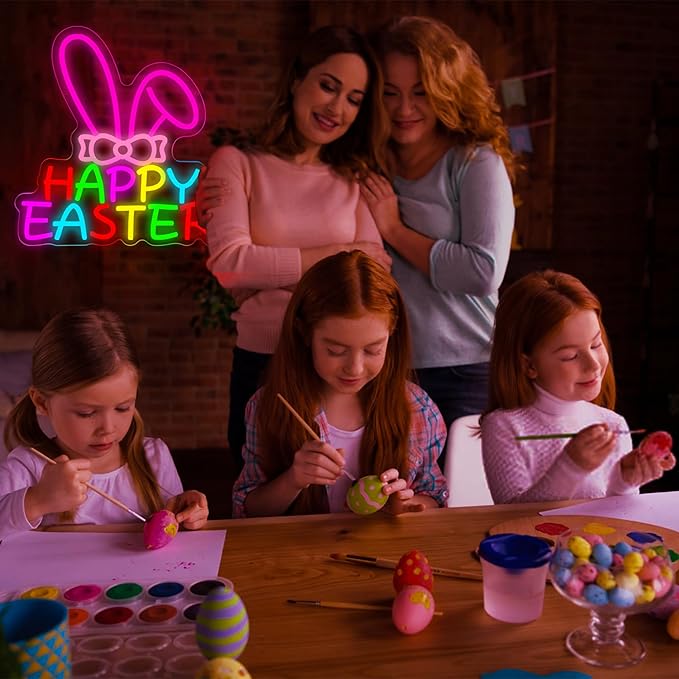 Easter Neon Sign for Wall Decor Dimmable Happy Easter Bunny LED Light Sign Bunny Lamp for Festival Decoration Rabbit Light Festival Decor for Home Shop Party Kids Room Window Size 12.9 * 12.4in(P039)