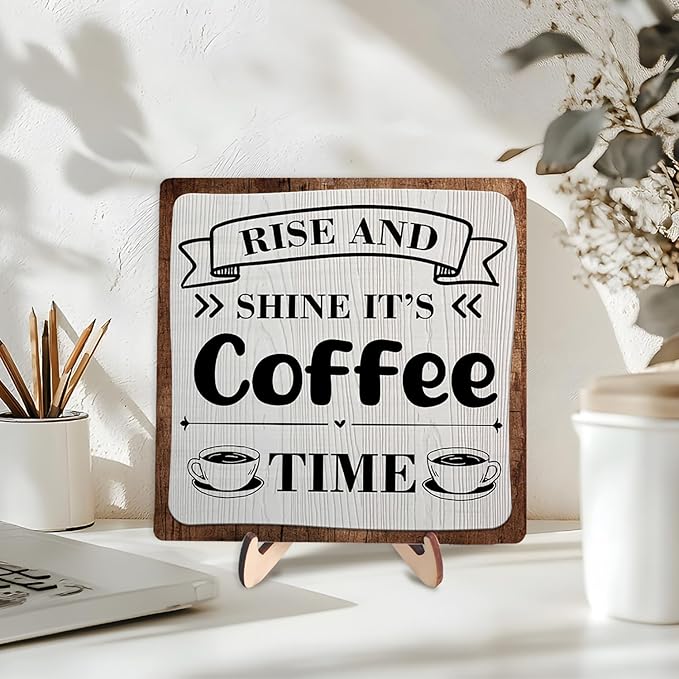 Coffee Bar Sign Plaque, Coffee Signs for Coffee Station, Vintage Coffee Sign Decor for Kitchen, Coffee Bar Accessories, Coffee Themed Gifts, Farmhouse Cafe Sign,Coffee & Tea Bar Decor Signs (Gray&Brown, 5.9x5.9inches)
