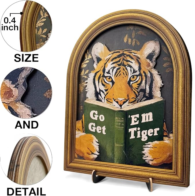 3D Motivational Tiger Table Decor Sign, Vintage Go Get Em Tiger Wall Art Sign for Home Living Room Office Desk Wall Shelf Decor 8x10 Inch