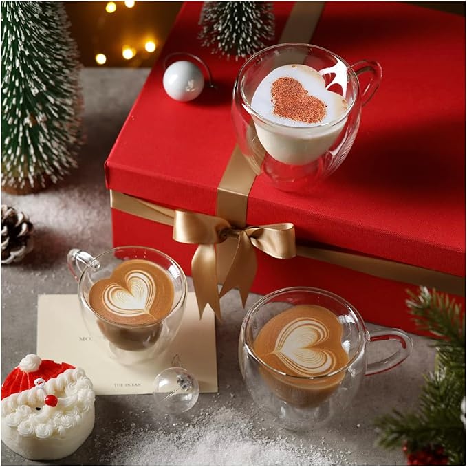 CNGLASS Double Wall Heart Shaped Glass Coffee Mugs 5oz(Set of 2),Insulated Clear Tea Cups with Handle,Unique Glass Espresso Mugs for Coffee,Cappuccino,Latte,Milk